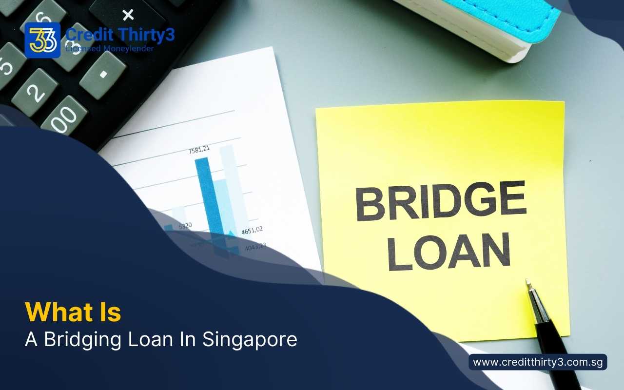 Illustration explaining what a bridging loan is in Singapore using financial charts and calculator